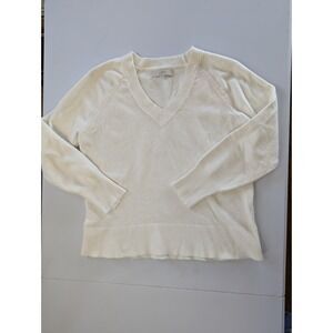 Loft Sweater Women's M Wool Blend Soft Stretch Knit Ivory V Neck
